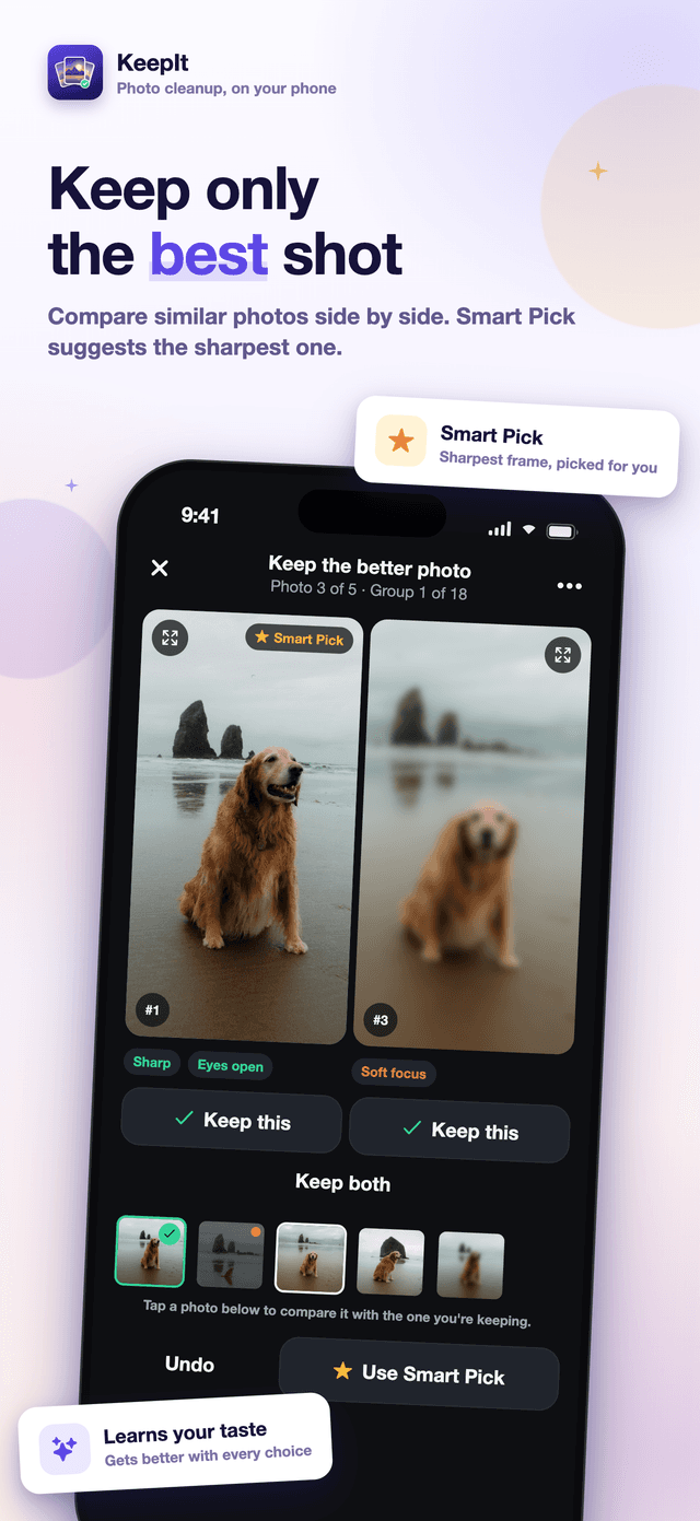 KeepIt comparing two similar dog photos side by side, with the Smart Pick badge on the sharp, eyes-open frame and a film strip of the group below