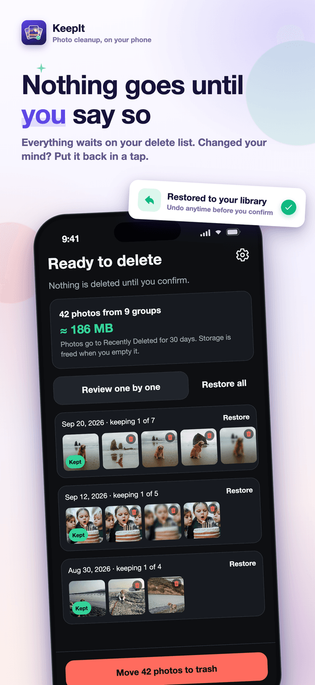 KeepIt delete list with 42 photos from 9 groups, about 186 MB, a Restore button on each group and a Move 42 photos to trash button