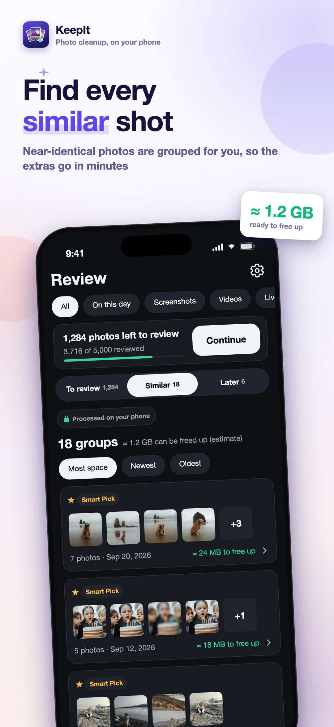 KeepIt Review tab listing 18 groups of similar shots, each with its Smart Pick and an estimate of the space it can free up