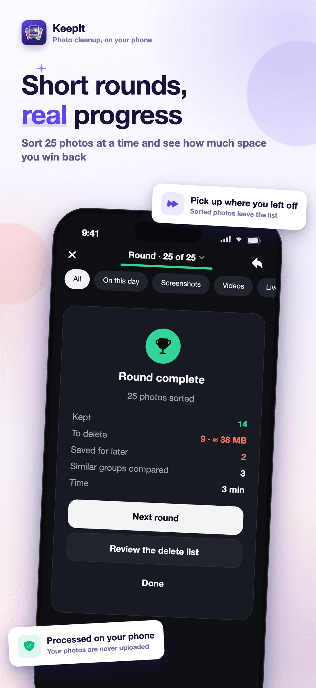 KeepIt round complete summary: 25 photos sorted, 14 kept, 9 to delete, 2 saved for later, 3 similar groups compared